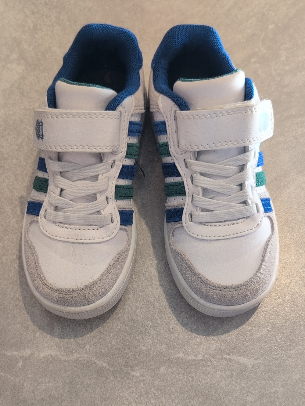 KSWISS Kids White Sneakers with Blue & Green Stripe Accents